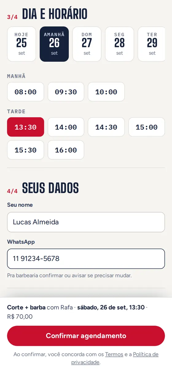 Tela de agendamento: escolha do dia e dos horários livres
