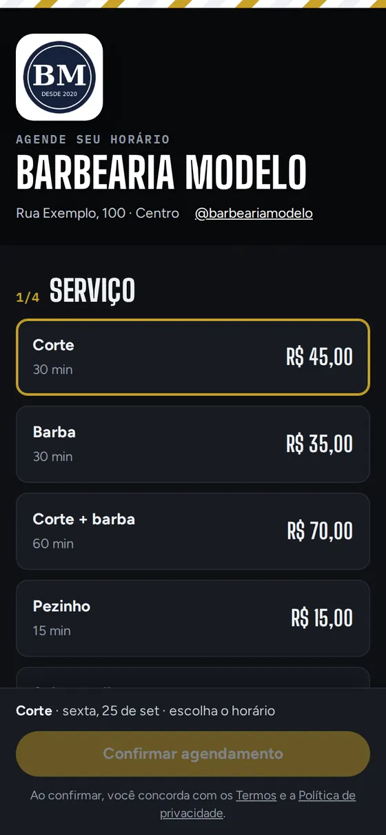 Página de agendamento no estilo escuro