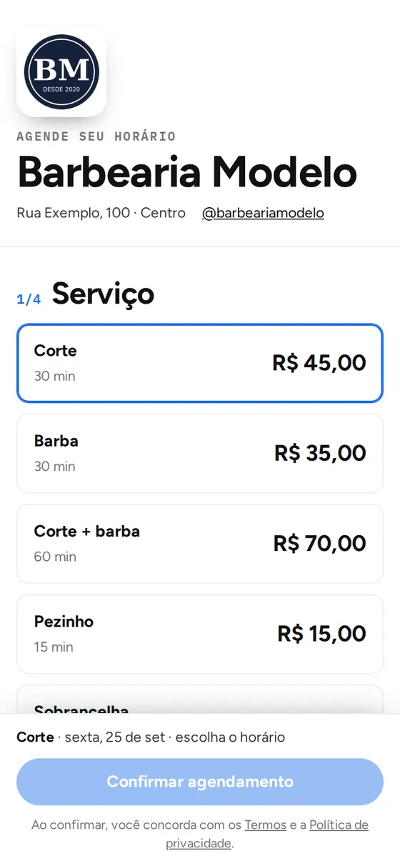 Página de agendamento no estilo minimalista