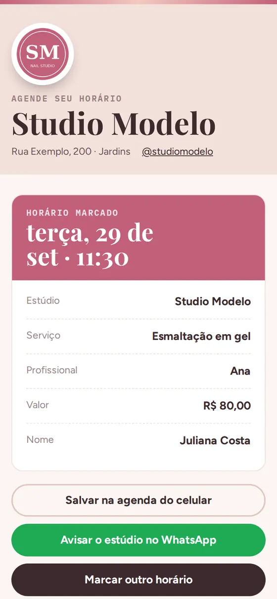Comprovante de horário marcado com botões de salvar na agenda e avisar no WhatsApp