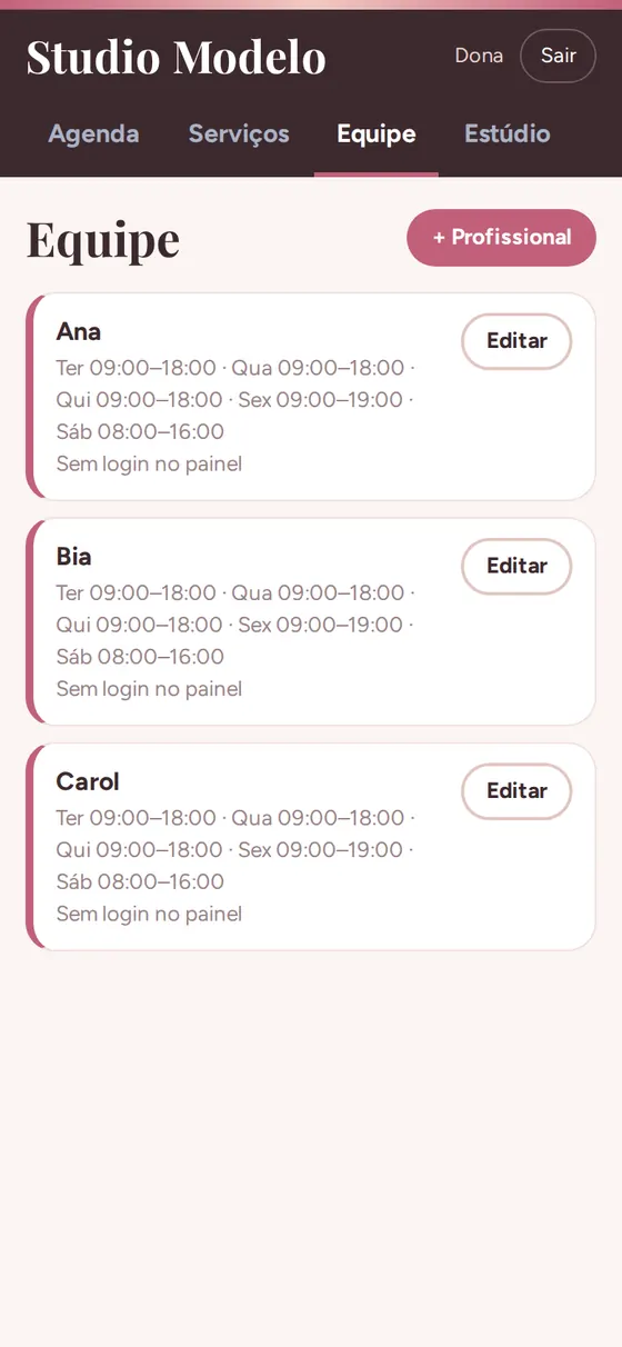 Painel: equipe com os horários de trabalho de cada profissional