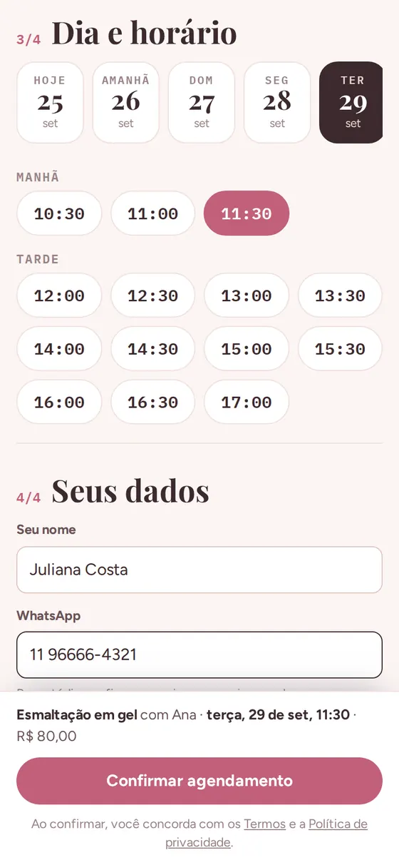 Tela de agendamento: escolha do dia e dos horários livres